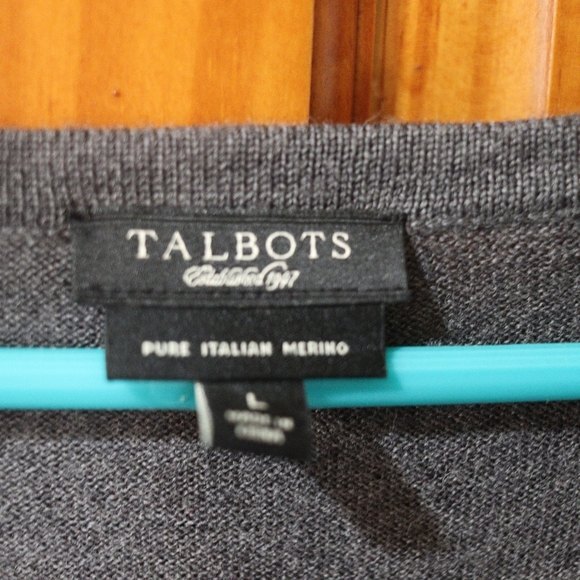 Talbots Gray Paisley Front Silk Panel Merino Wool Cardigan Sweater Large Classic - Picture 9 of 9